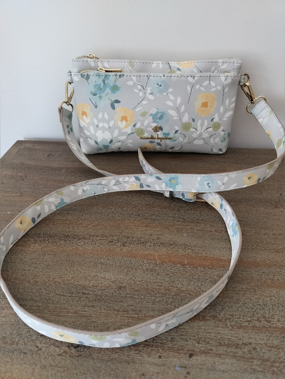 Nanette Lepore Floral Crossbody in Light Gray with Yellow & Blue Accents